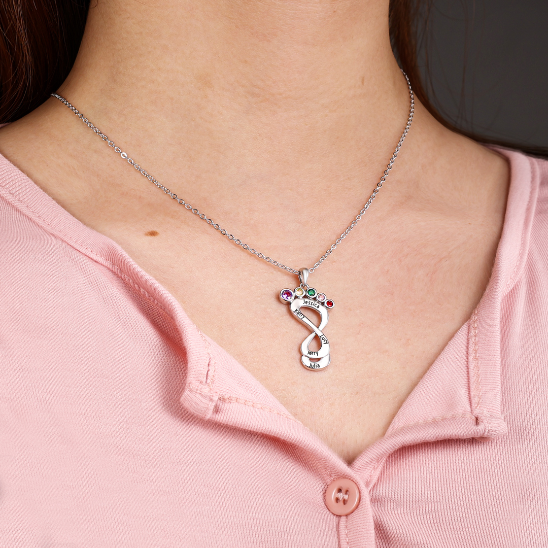 Personalised Baby Foot Necklace With 1 Birthstone Engraved Family Name Gift For Mother-Jessemade AU