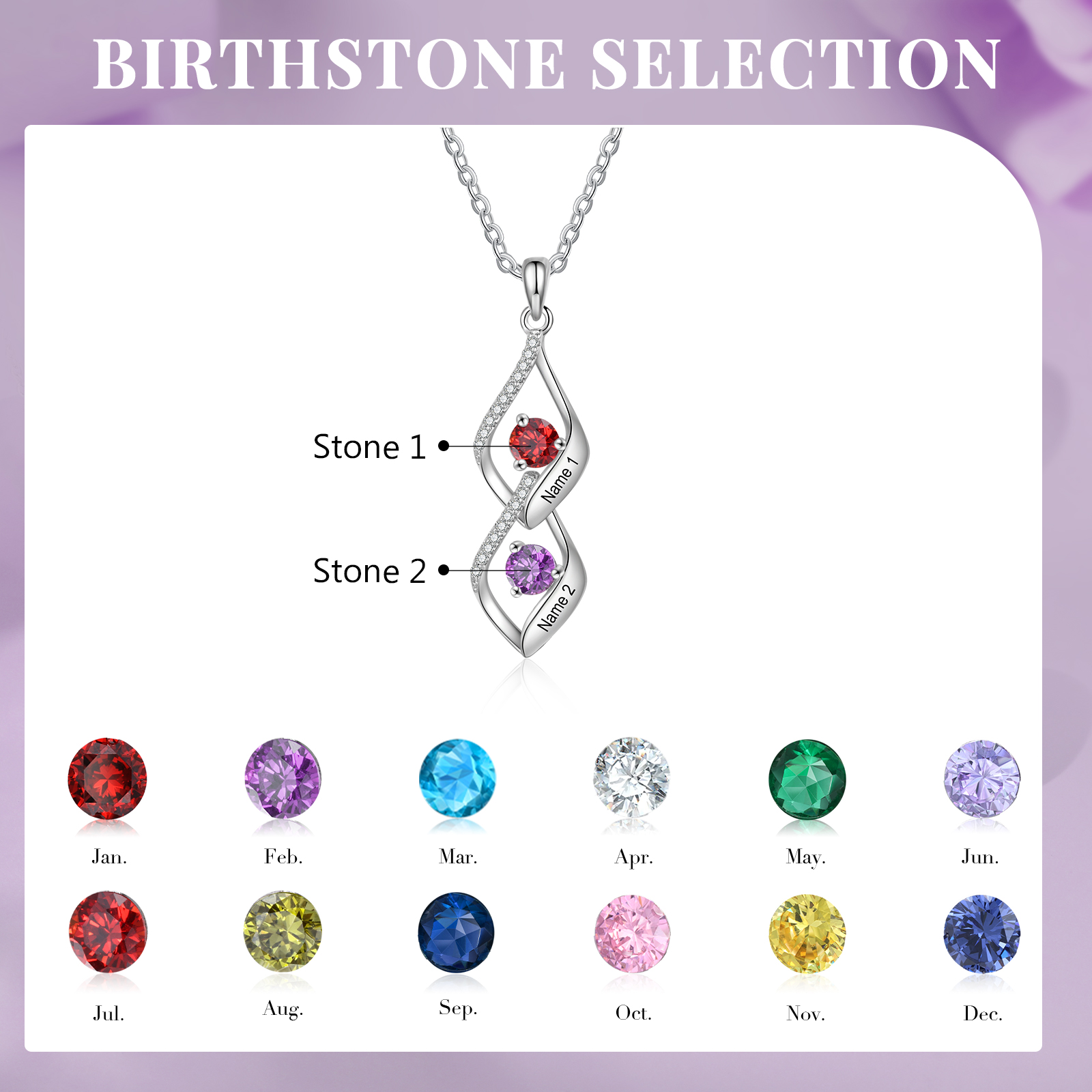 2 Names - Personalised Pendant Necklace Custom Birthstones & Names Necklace Birthday Gift for Her-Jessemade AU
