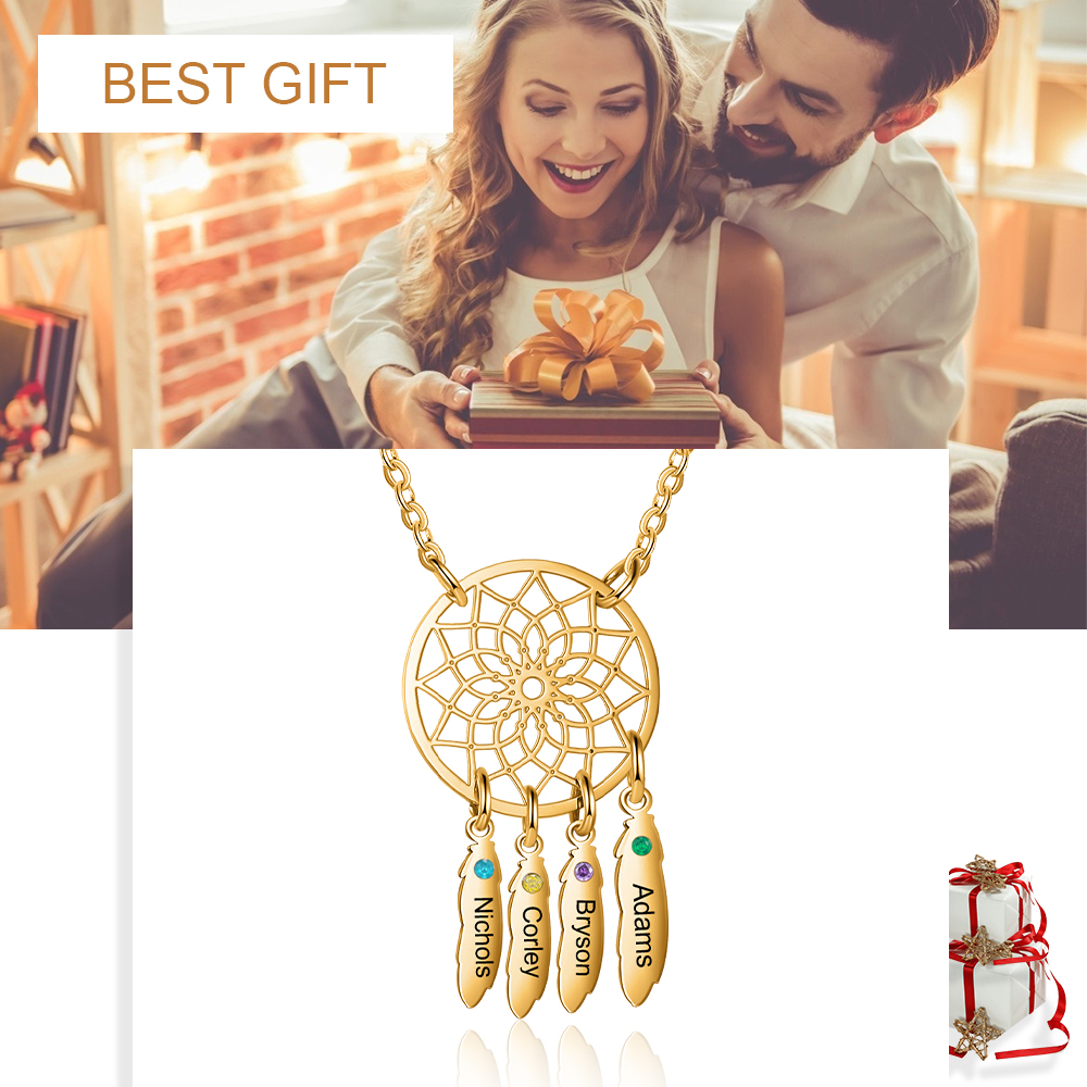 Personalised Dream Catcher Necklace With Birthstone Custom 4 Names Necklace Gift For Mother-Jessemade AU