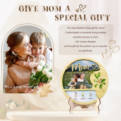 Personalised Photo & Text Wooden Plaque Custom 4 Birth Flowers & 3 Names Wooden Sign With Stand Gifts for Mum/Nana-Jessemade AU