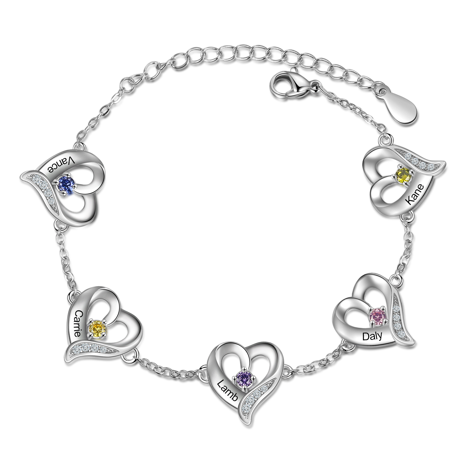 Personalised Heart Bracelet With 5 Birthstones Engraved Names Necklace For Her-Jessemade AU