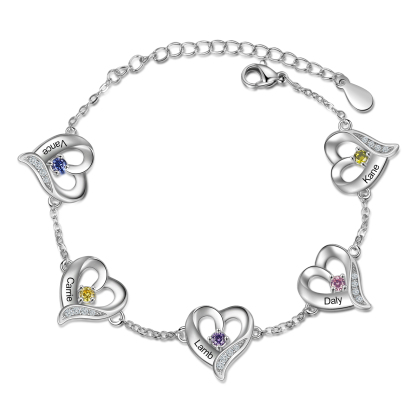 Personalised Heart Bracelet With 5 Birthstones Engraved Names Necklace For Her-Jessemade AU