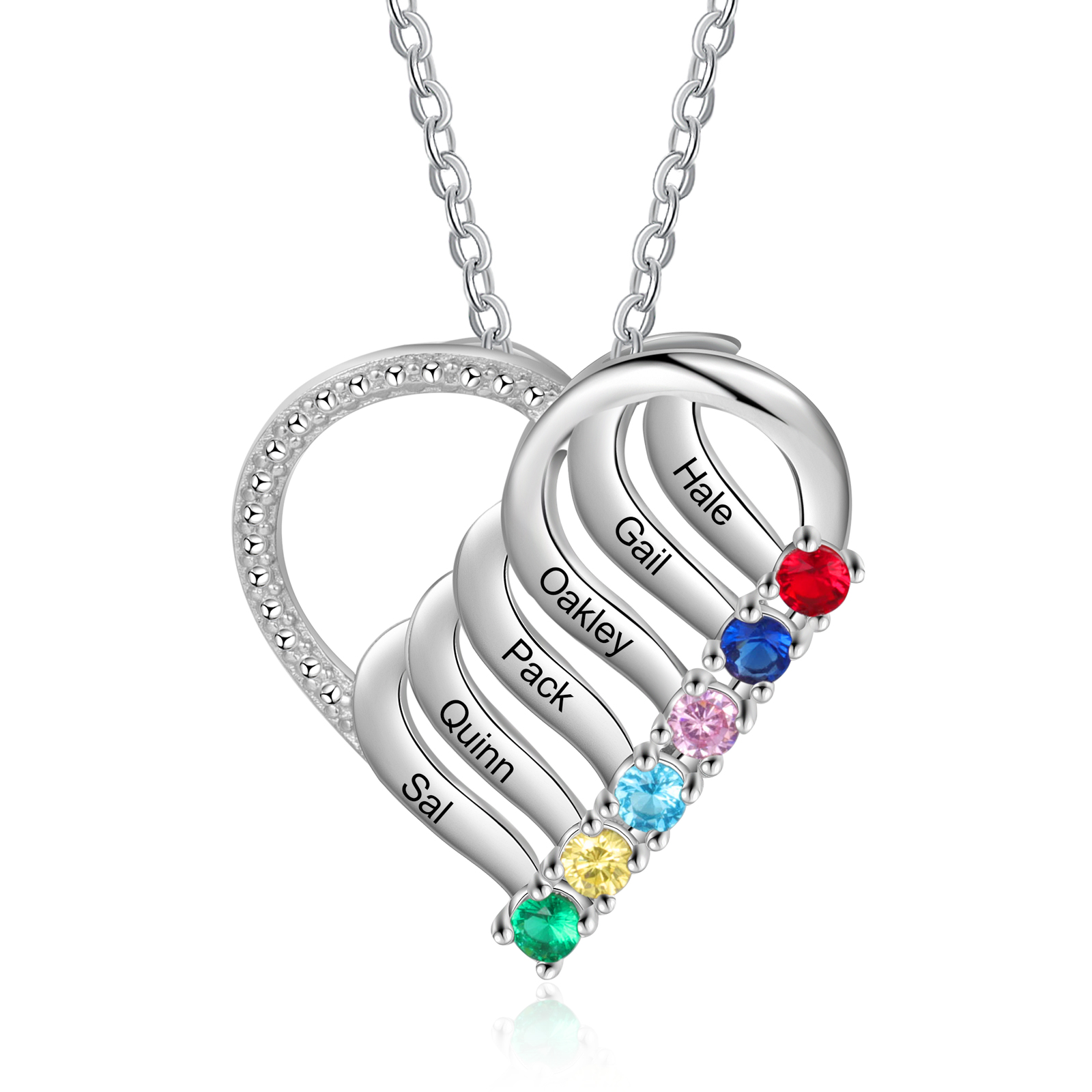 Personalised Heart Necklace With 6 Birthstones Engraved Names Gift For Her-Jessemade AU