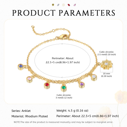 Personalised Women's Anklet Custom 5 Birthstones Anklet Gold Adjustable Anklet Birthday Gift for Her-Jessemade AU