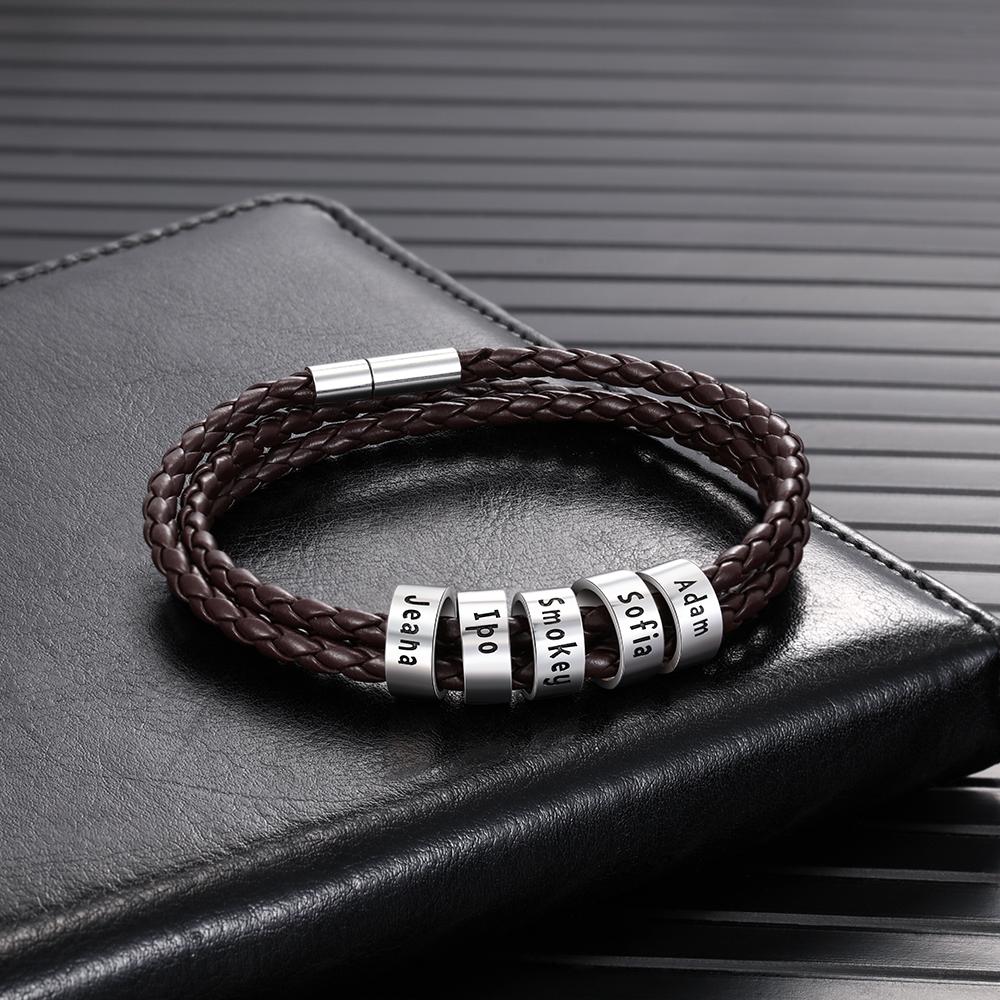 Braided Leather Personalised Name 5 Beads Men's Bracelets Best Gifts For Him Best Gift For Dad-Jessemade AU