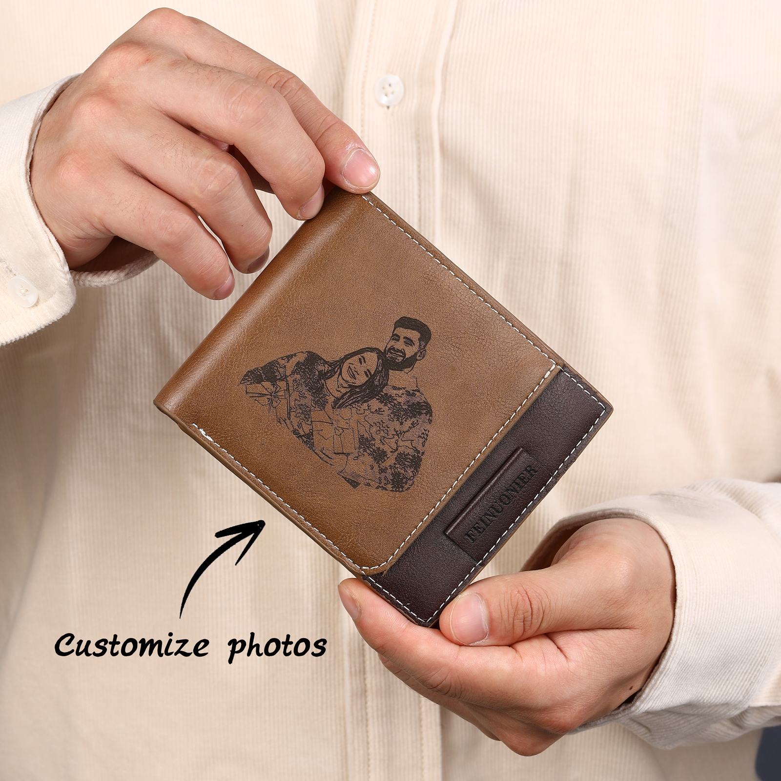 Brown Personalised Leather Wallet Engraved Photo Short Purse Folding Wallet Gifts For Men-Jessemade AU