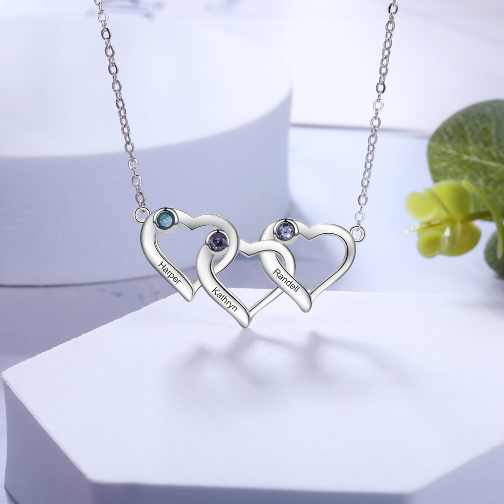 Personalised Heart Necklace With 3 Birthstones Engraved Names Gift For Her-Jessemade AU
