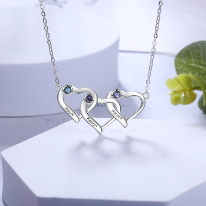 Personalised Heart Necklace With 3 Birthstones Engraved Names Gift For Her-Jessemade AU