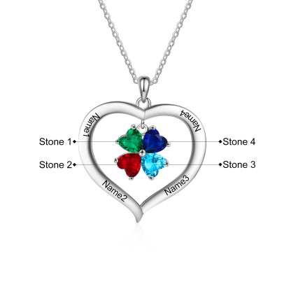 Personalised Heart Pendant Necklace with 4 Birthstones Engraved Names Family Necklace Gifts for Her-Jessemade AU