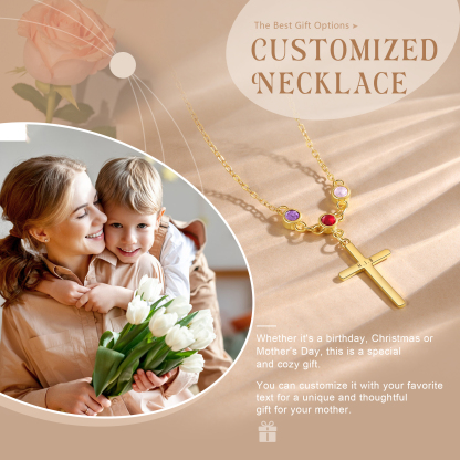Personalised Cross Pendant Necklace Custom 3 Birthstones & 1 Text Necklace Birthday Gift for Her-Jessemade AU