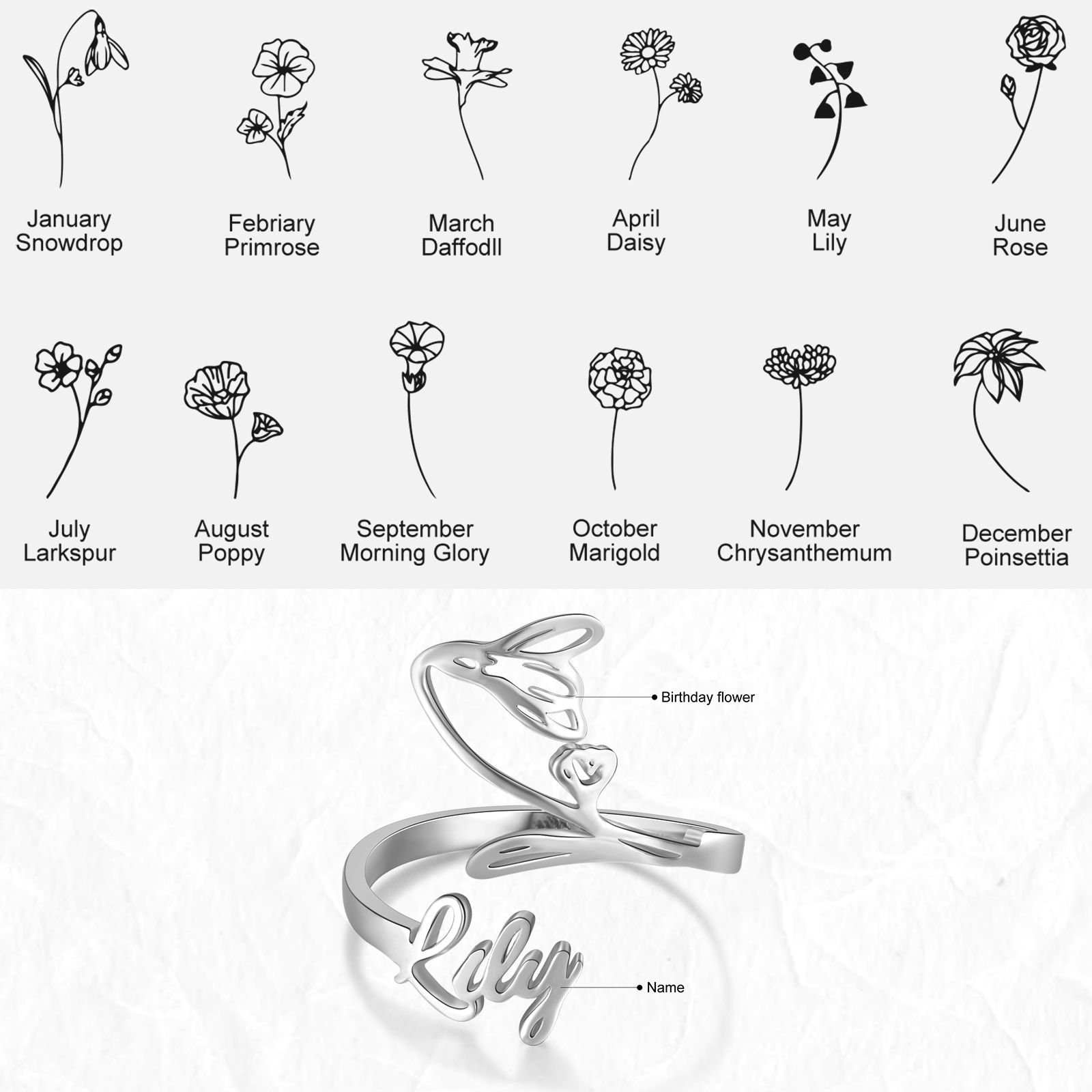Personalised January Birth Flower Ring With Name Gifts For Her-Jessemade AU