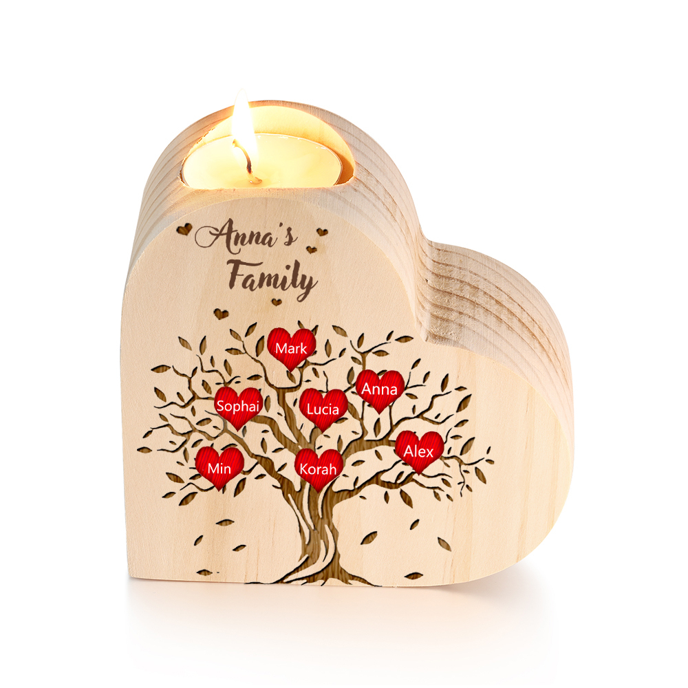 To My Family Wooden Heart Candle Holder Custom 7 Names Family Tree Candlesticks-Jessemade AU