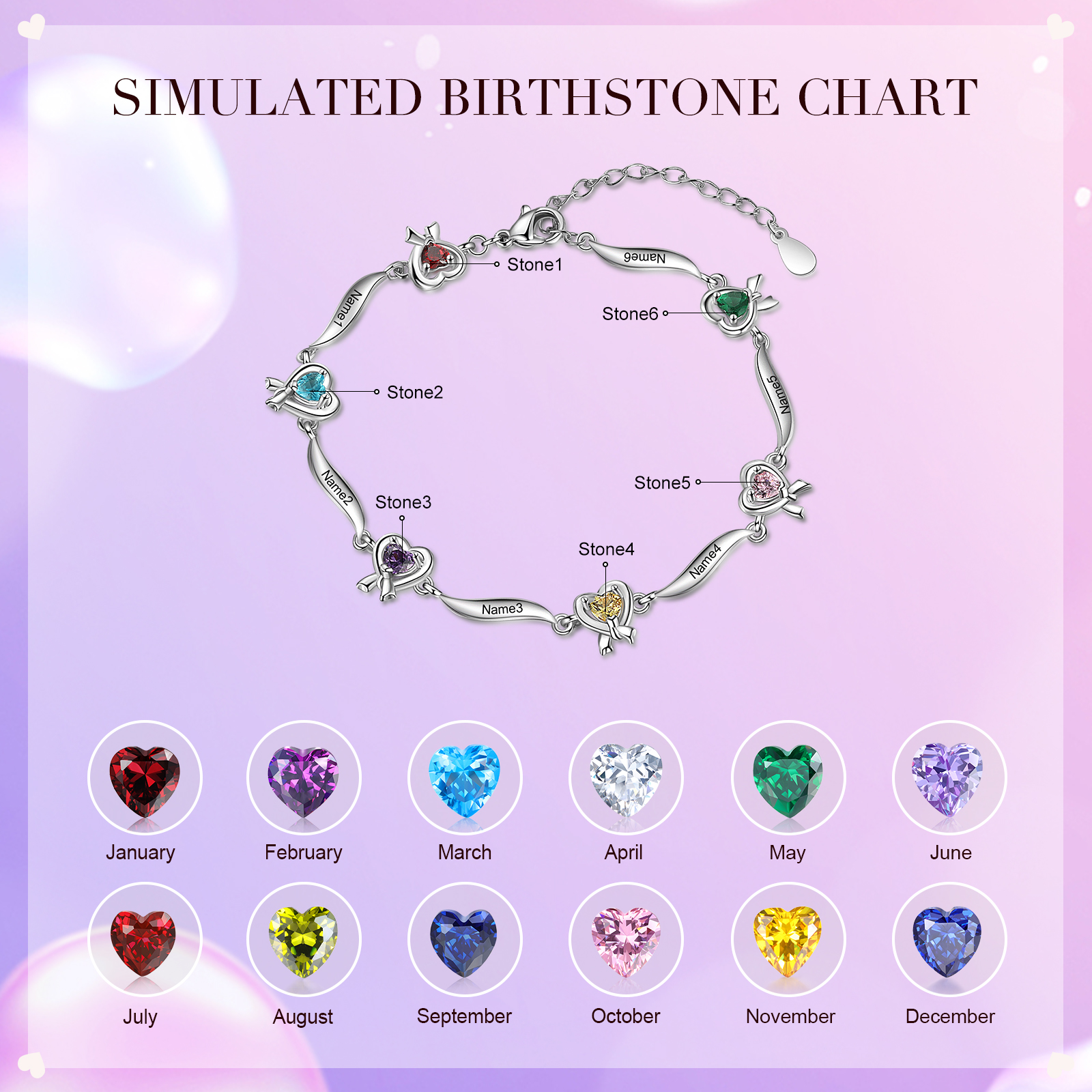 Personalised Heart Bracelet with 6 Birthstones Engraved Names Bracelet Gifts For Her-Jessemade AU