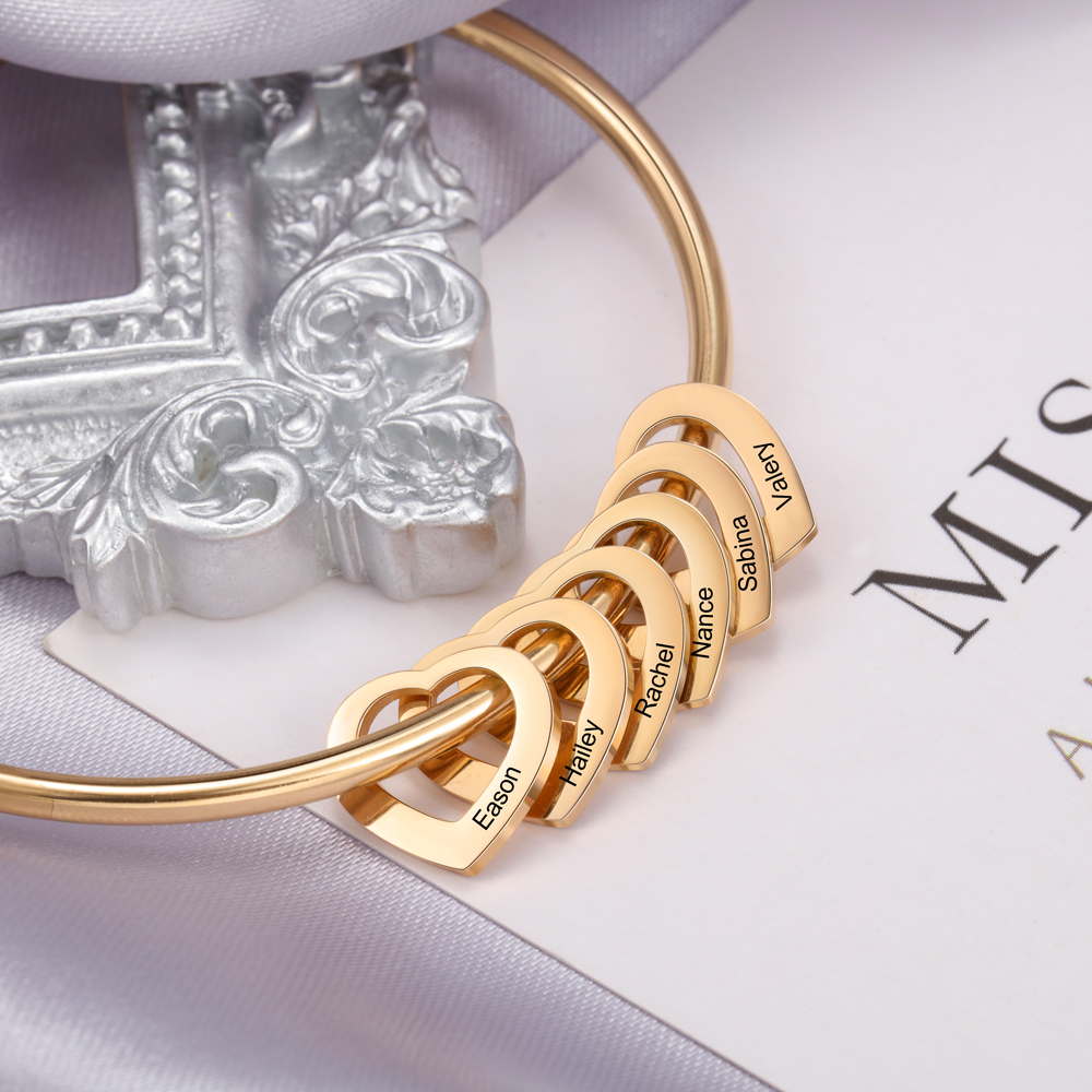 Personalised Love Bracelet with 6 Heart Charms Engraved 6 Names Bangle Bracelet Rose Gift for Her-Jessemade AU
