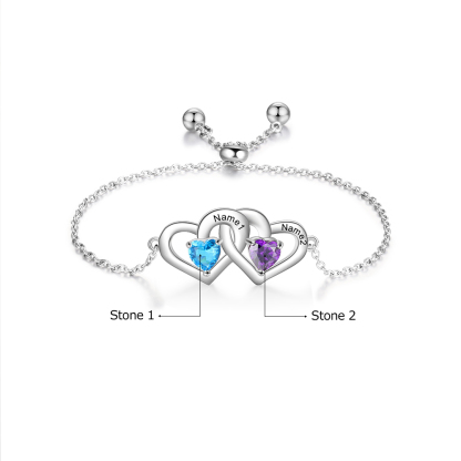 Personalised Heart Bracelet With 2 Birthstones Engraved Names Bracelet Gift For Women-Jessemade AU