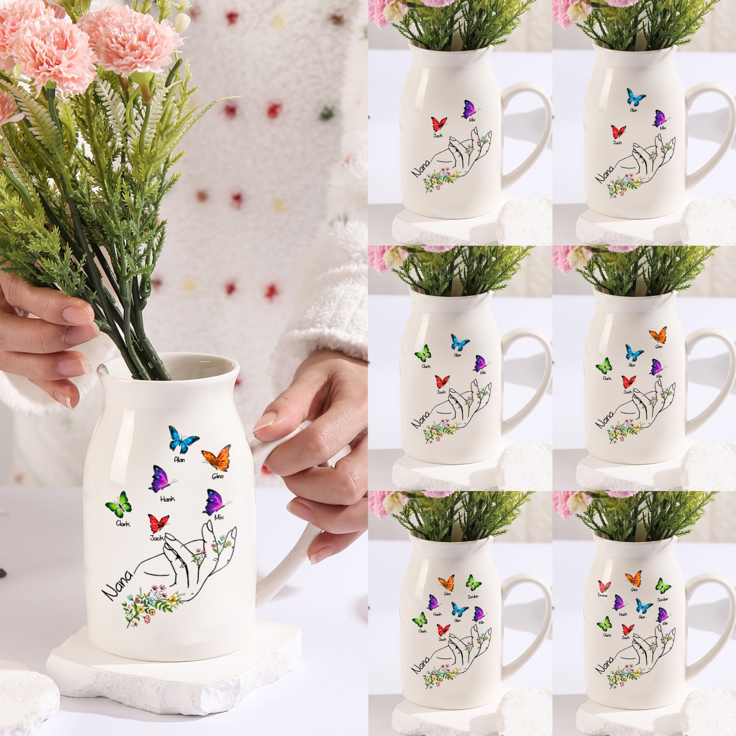 Personalised Ceramic Flower Vase Custom 2–8 Names & 1 Text Butterfly In Hand Vase Gift for Mother/Grandma-Jessemade AU