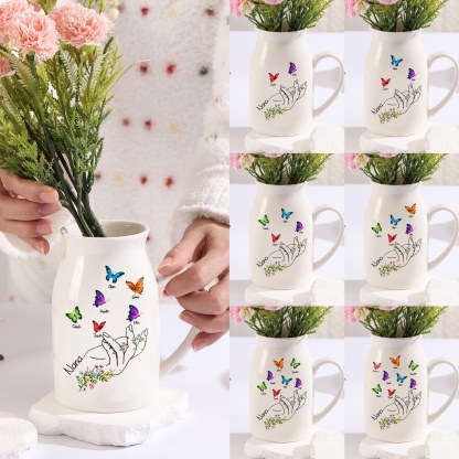 Personalised Ceramic Flower Vase Custom 2–8 Names & 1 Text Butterfly In Hand Vase Gift for Mother/Grandma-Jessemade AU