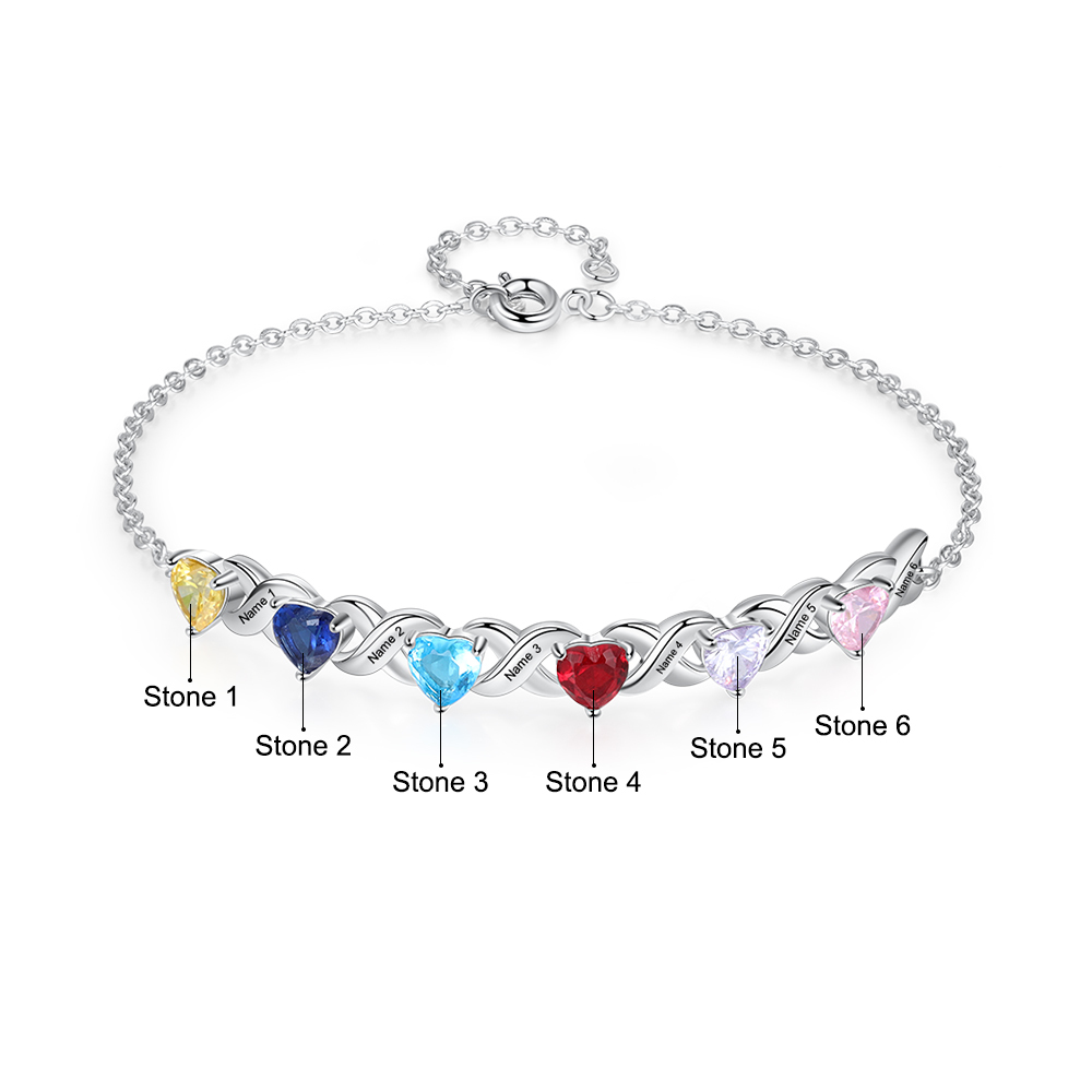 Personalised Bracelet With 6 Heart Birthstones Engraved Names Bracelet Gift For Women-Jessemade AU