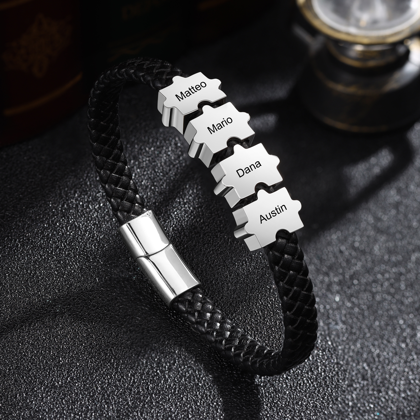 Custom Family Puzzle Bracelet Engrave 4 Names Leather Bracelet For Father-Jessemade AU