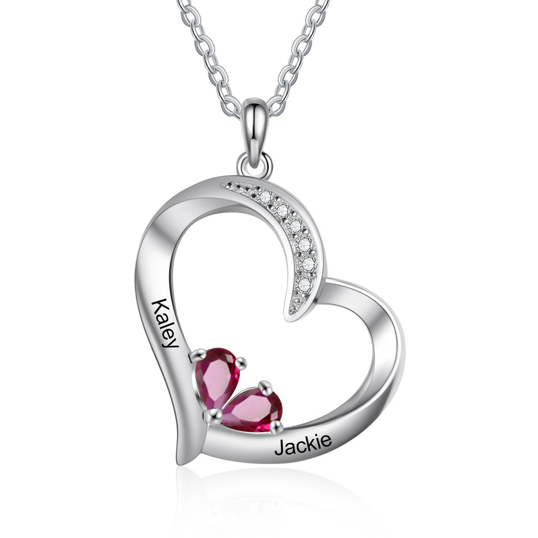 Personalised Heart Necklace With 2 Birthstones Engraved Names Gift For Her-Jessemade AU