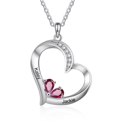 Personalised Heart Necklace With 2 Birthstones Engraved Names Gift For Her-Jessemade AU