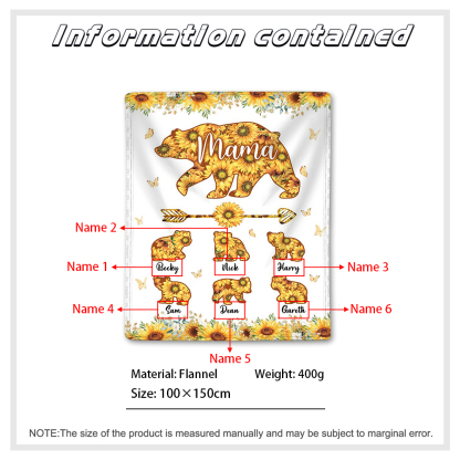 Personalised 6 Names Blanket Sunflowers Bears Family Blanket Mother's Day Gift for Mama-Jessemade AU