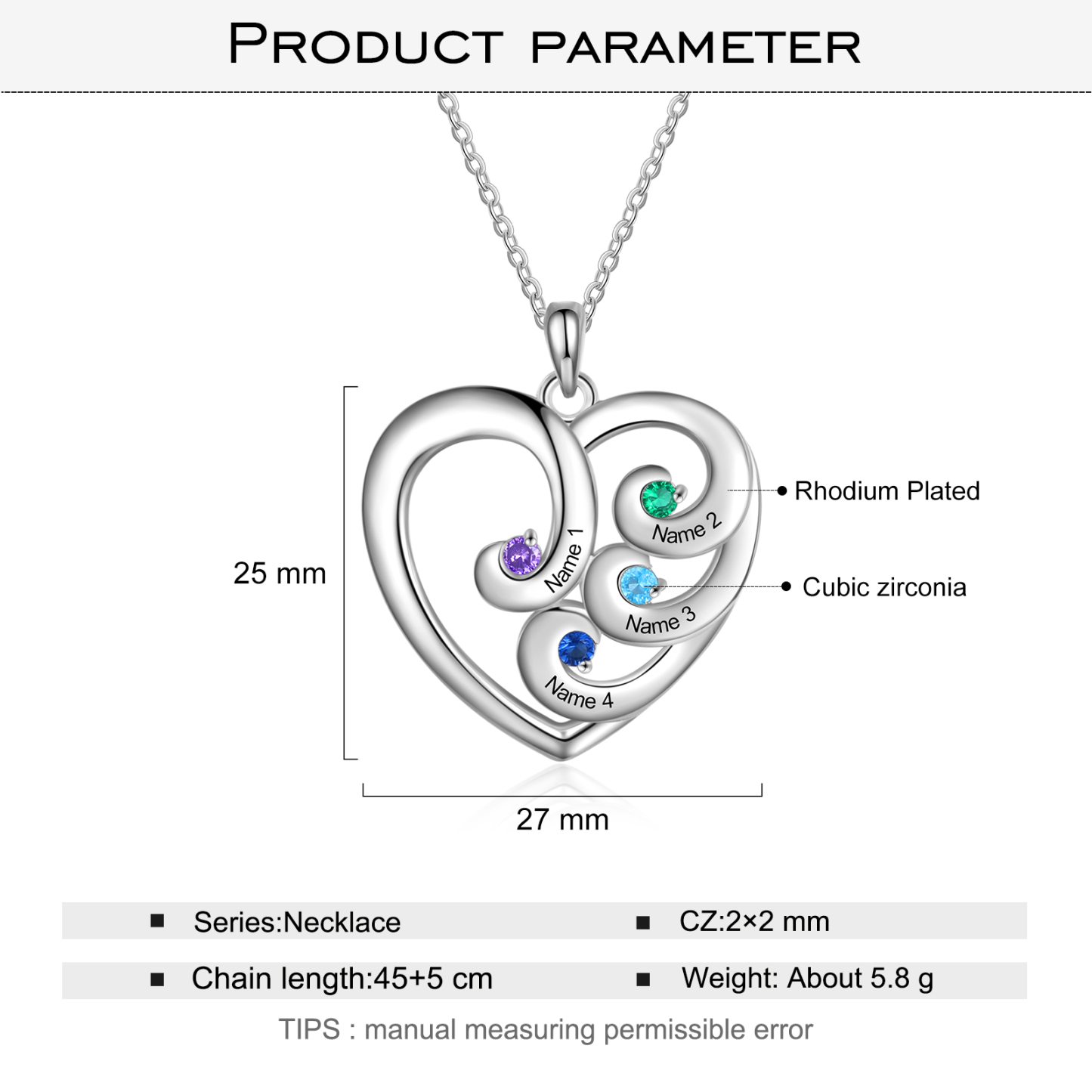 Personalised Heart Necklace With 4 birthstones Engraved Names Gift For Women-Jessemade AU