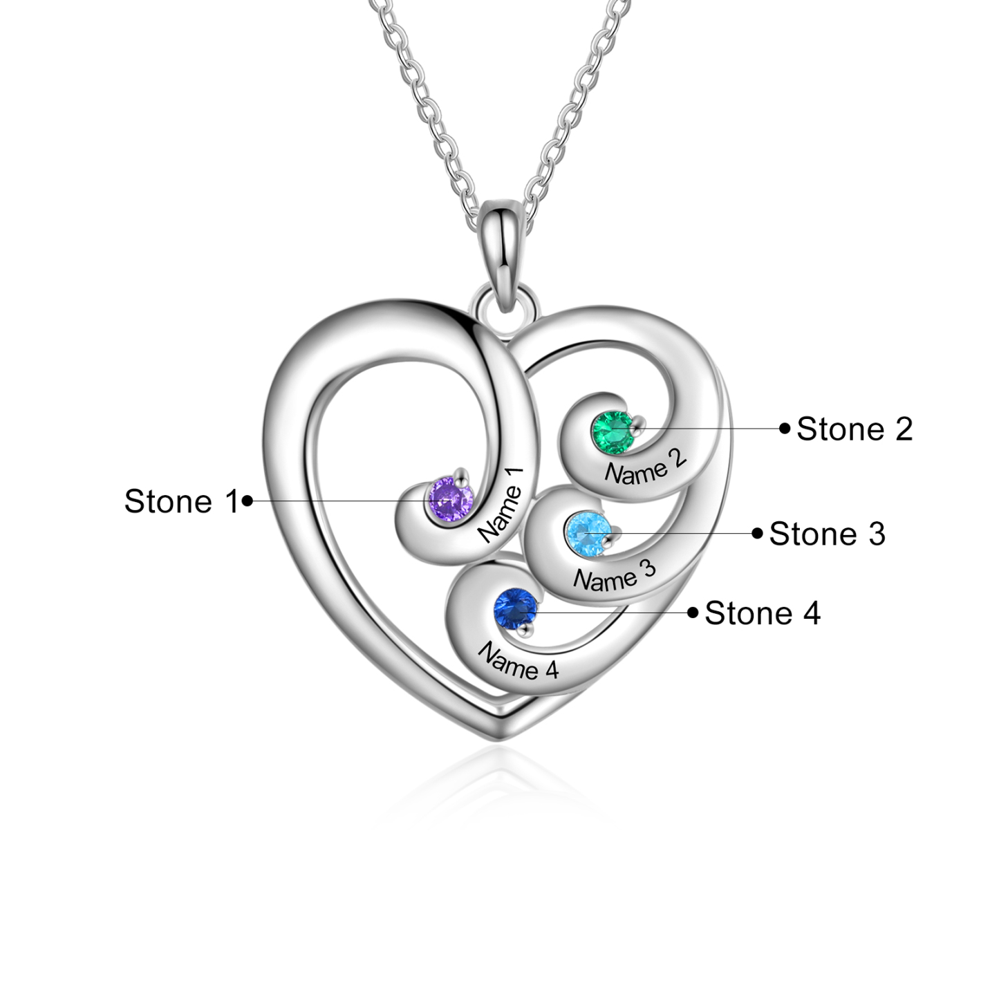 Personalised Heart Necklace With 4 birthstones Engraved Names Gift For Women-Jessemade AU