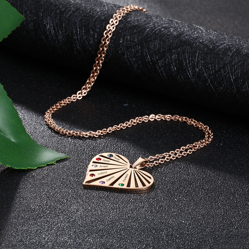 Personalised Heart Necklace With 6 Birthstones Engraved Names Gift For Her-Jessemade AU