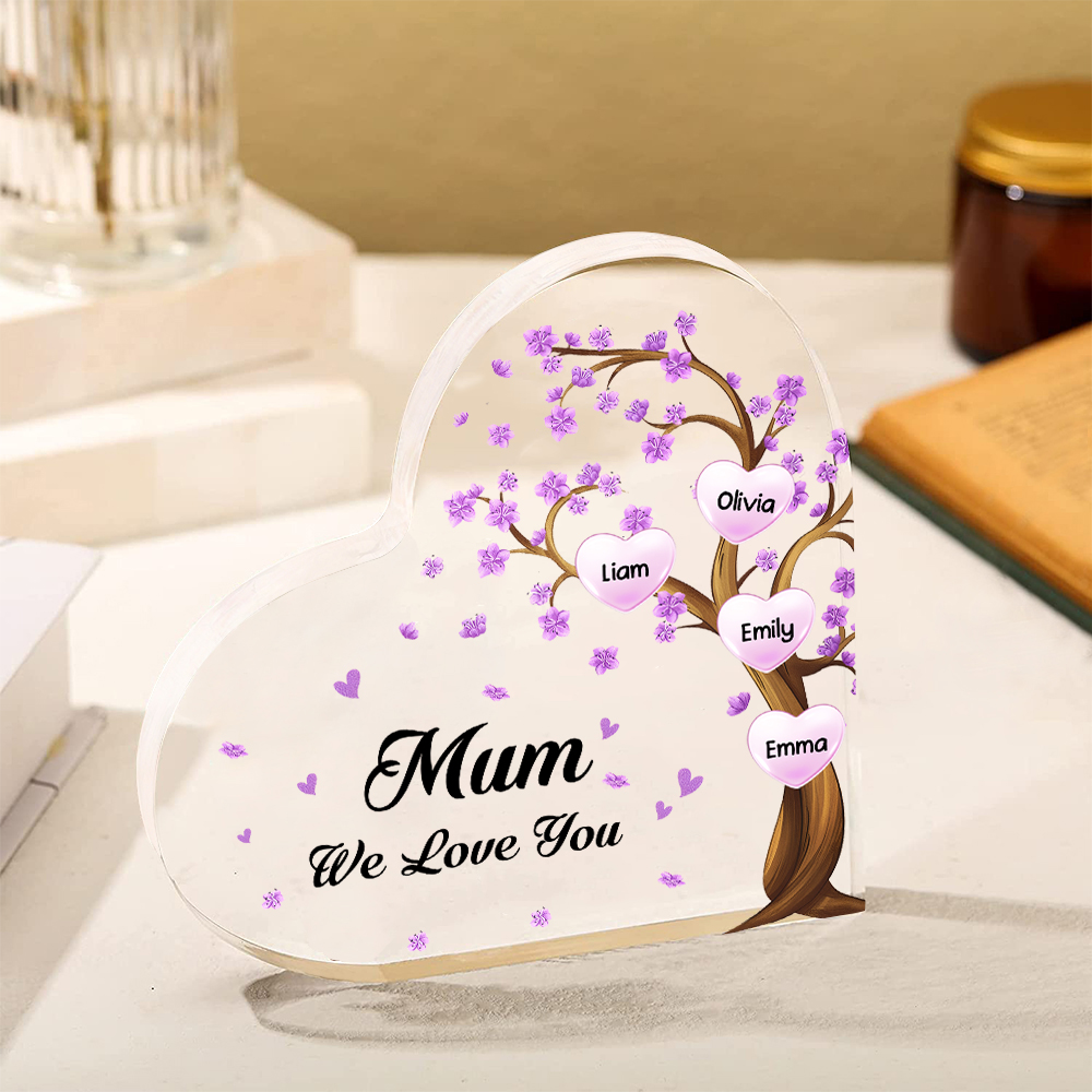 4 Names - Personalised Acrylic Heart Keepsake Custom Text Purple Flowers Tree Ornaments Gifts for Grandma/Mother-Jessemade AU