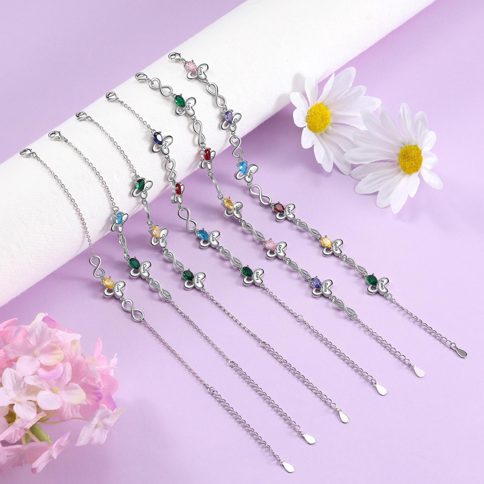 Personalised Butterfly Bracelet With 2 Birthstones Custom Names Bracelet Gift For Women-Jessemade AU