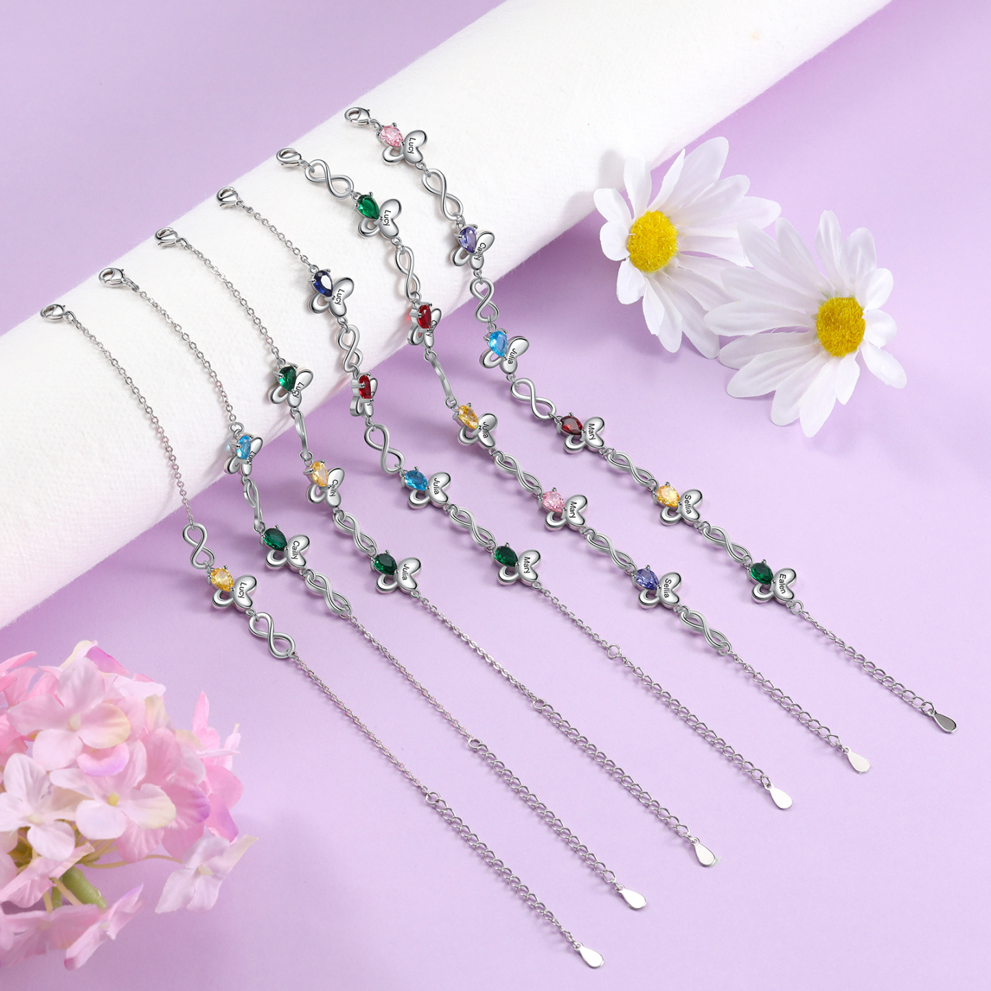 Personalised Butterfly Bracelet With 2 Birthstones Custom Names Bracelet Gift For Women-Jessemade AU