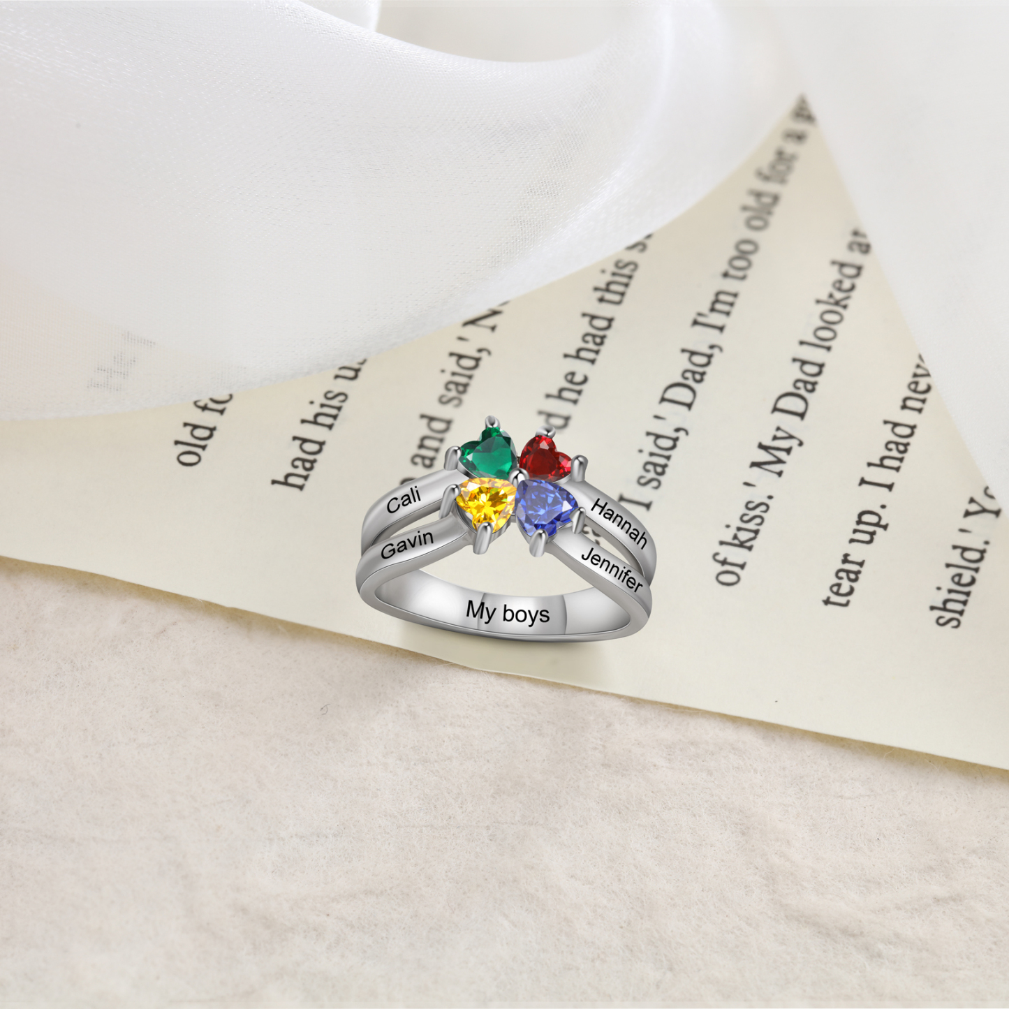 Personalised Ring With 4 Birthstones Engraved Names Ring Best Gift For Women-Jessemade AU