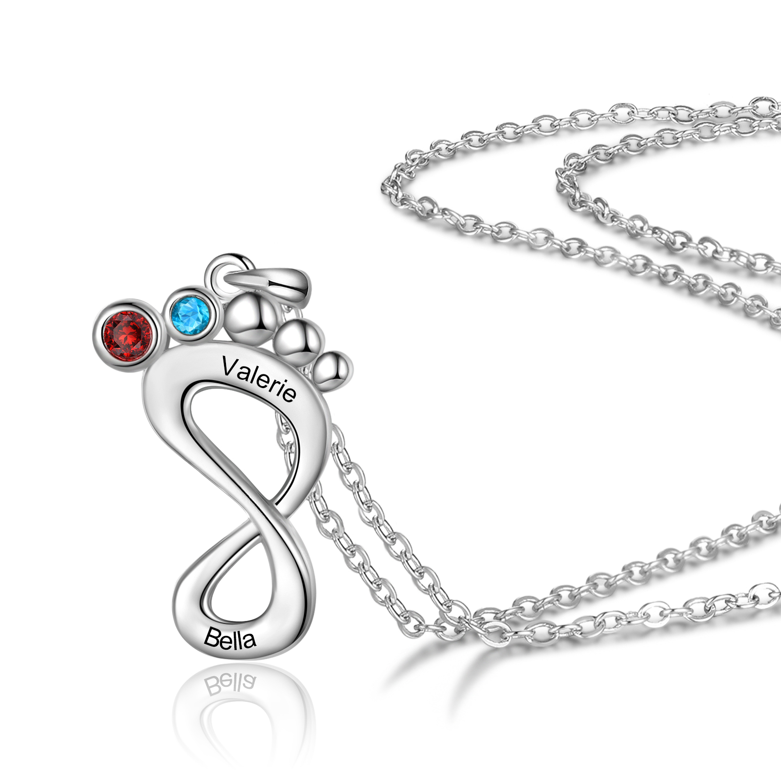 Personalised Baby Foot Necklace With 2 Birthstones Engraved Family Names Gift For Mother-Jessemade AU