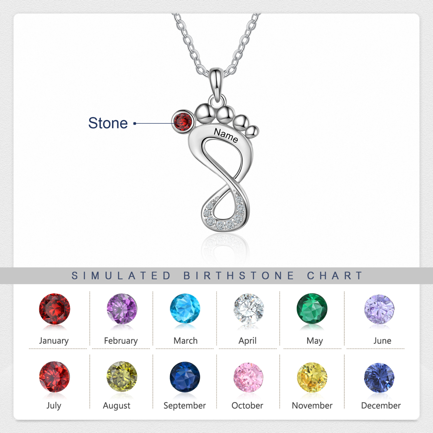 Personalised Baby Foot Necklace With 1 Birthstone Engraved Family Name Gift For Mother-Jessemade AU
