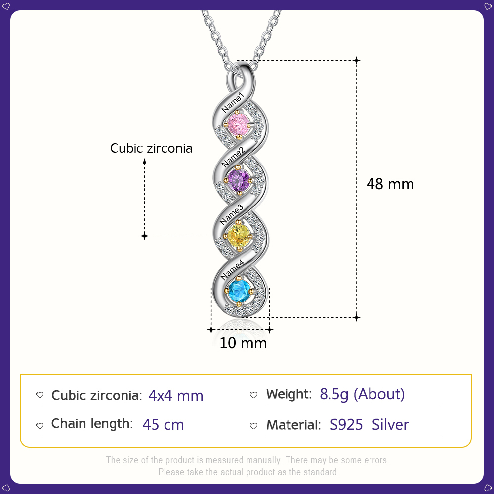 Personalised DNA Necklace With 4 Birthstones Engraved Names Gift For Women-Jessemade AU