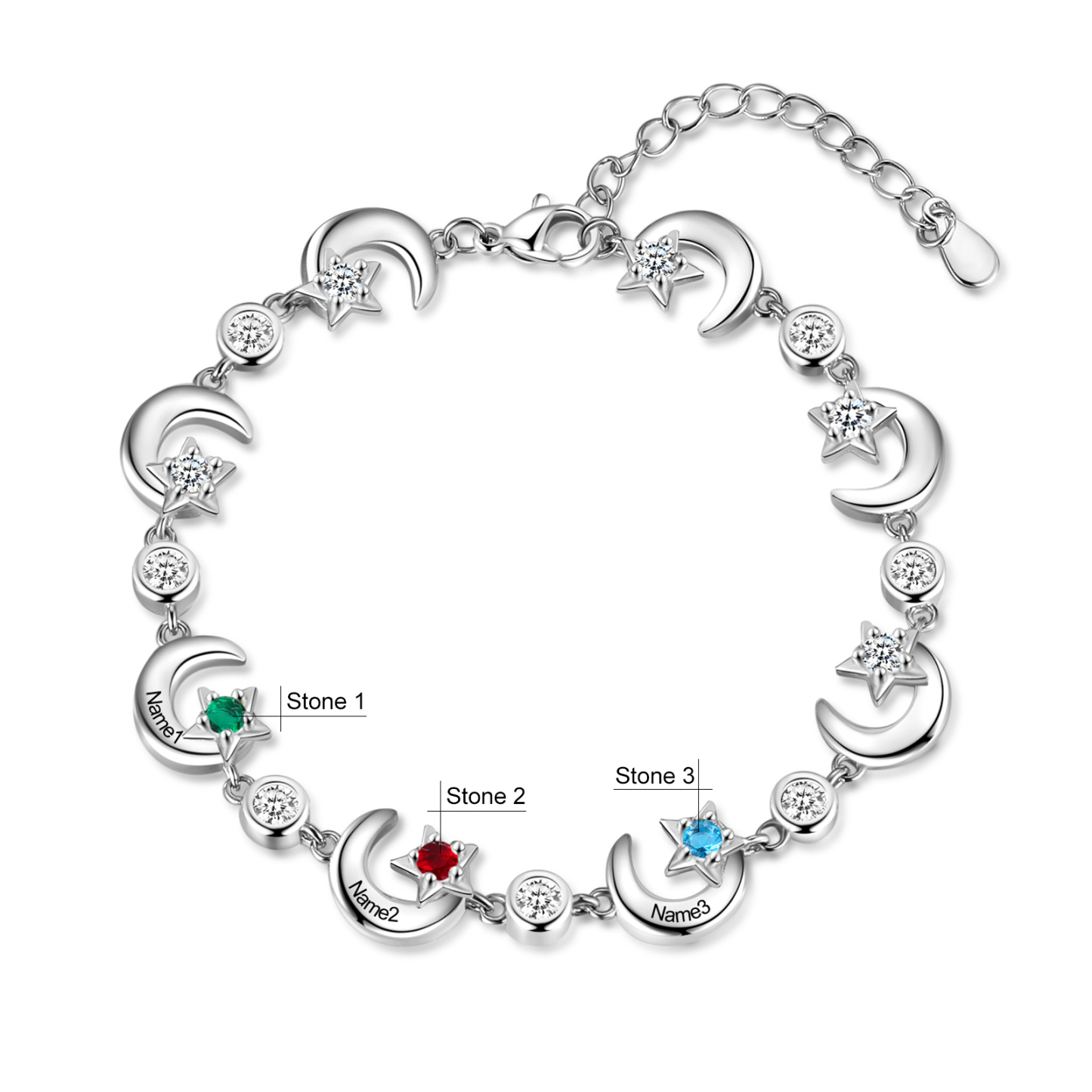 Personalised Moons And Stars Bracelet With 3 Birthstones Custom Names Bracelet Gift For Women-Jessemade AU
