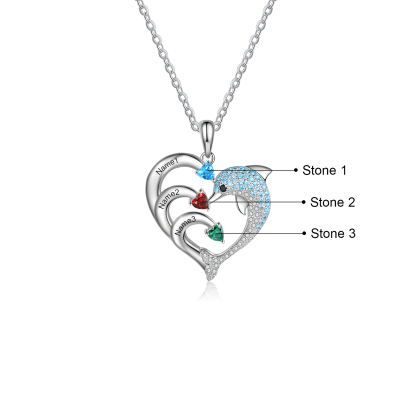 Personalised Heart Dolphin Necklace With 3 Birthstones Engraved Names Gift For Her-Jessemade AU