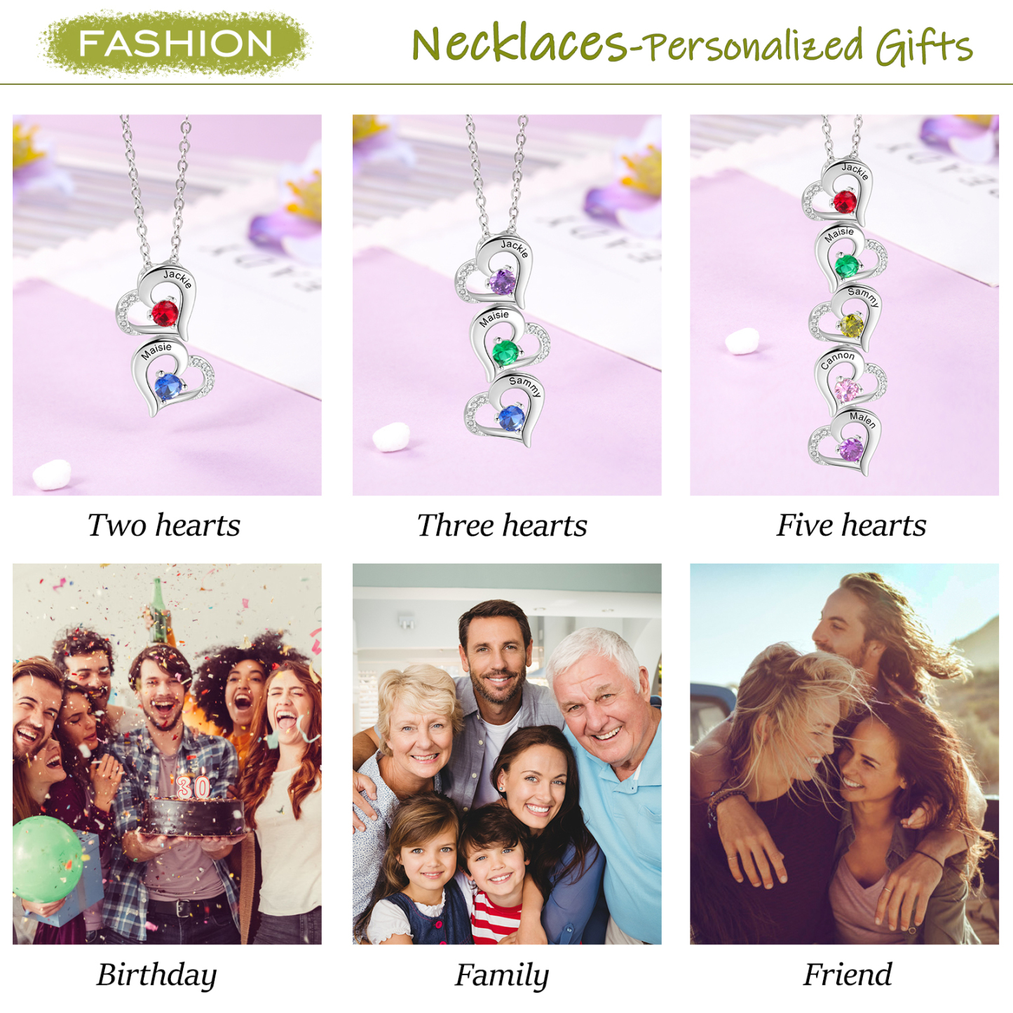 Personalised Heart Necklace With 2 Birthstones Engraved Names Gift For Her-Jessemade AU