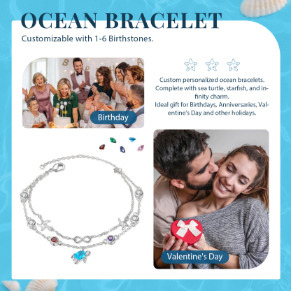 Personalised Women's Bracelet Custom 2 Birthstones Bracelet Sea Turtle Adjustable Bracelet Birthday Gift for Her-Jessemade AU