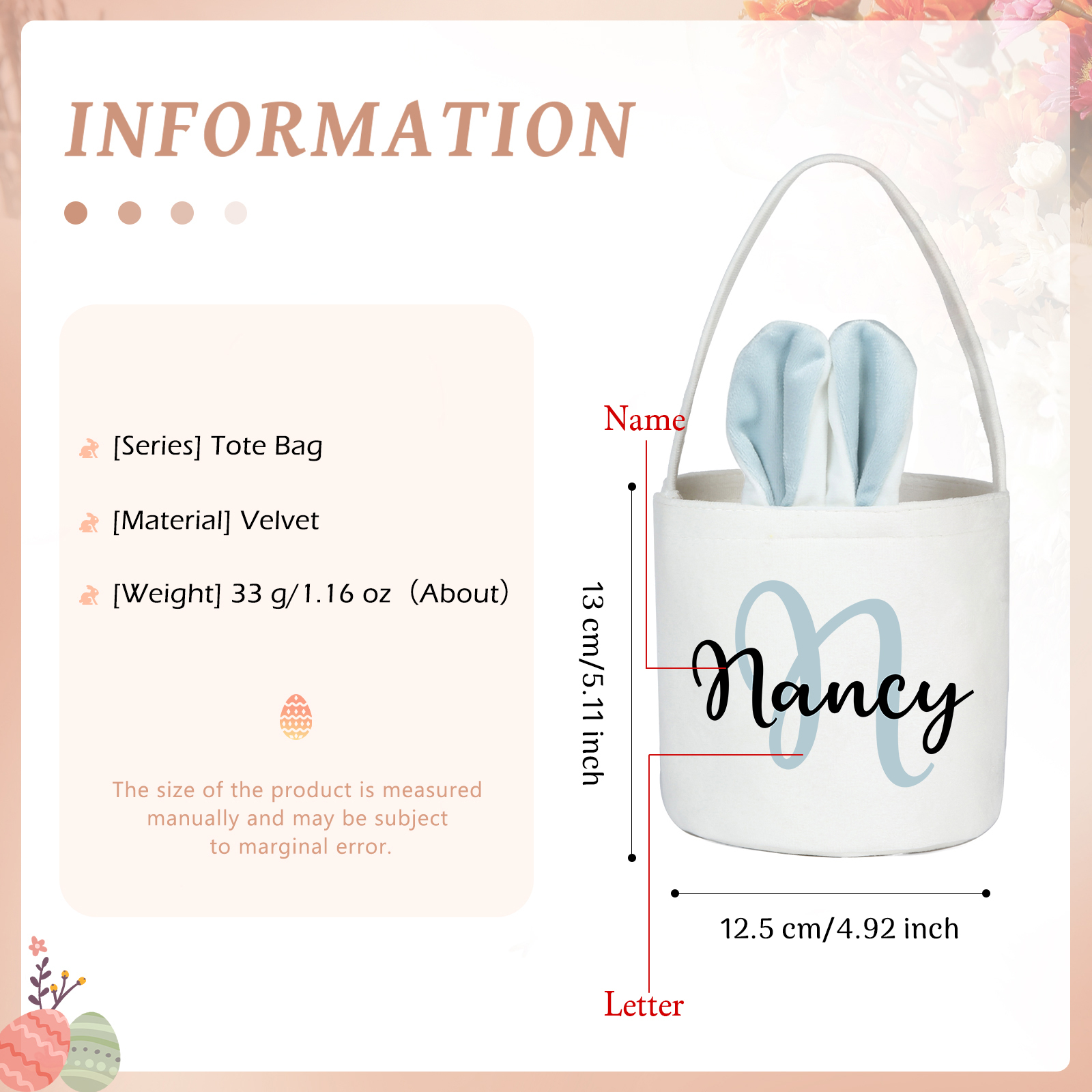 Personalised Bunny Tote Bag Customised with Name & Letter Bucket Bag Bunny Basket Easter Gifts-Jessemade AU