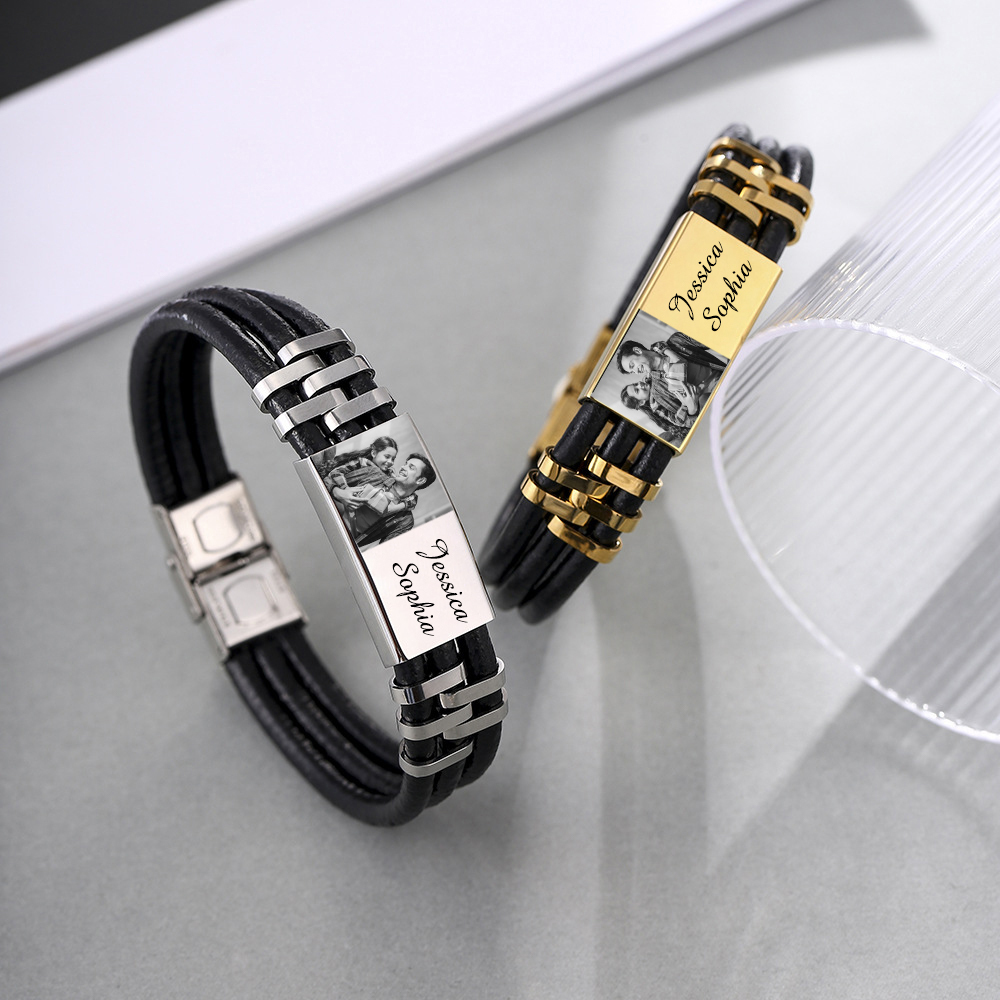 Personalised Leather Bracelet Custom Photo Initial ID Bar Men's Bracelet Bangle Gifts For Him-Jessemade AU