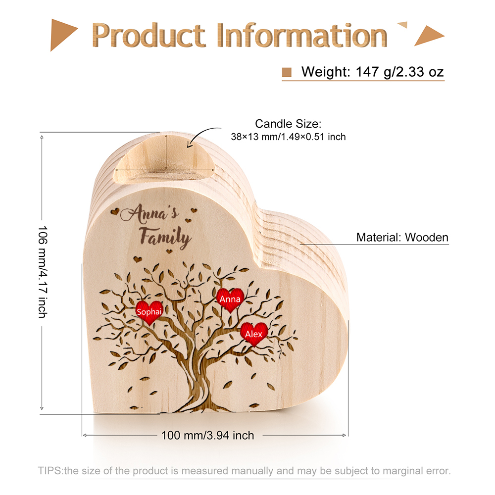 To My Family Wooden Heart Candle Holder Custom 3 Names Family Tree Candlesticks-Jessemade AU