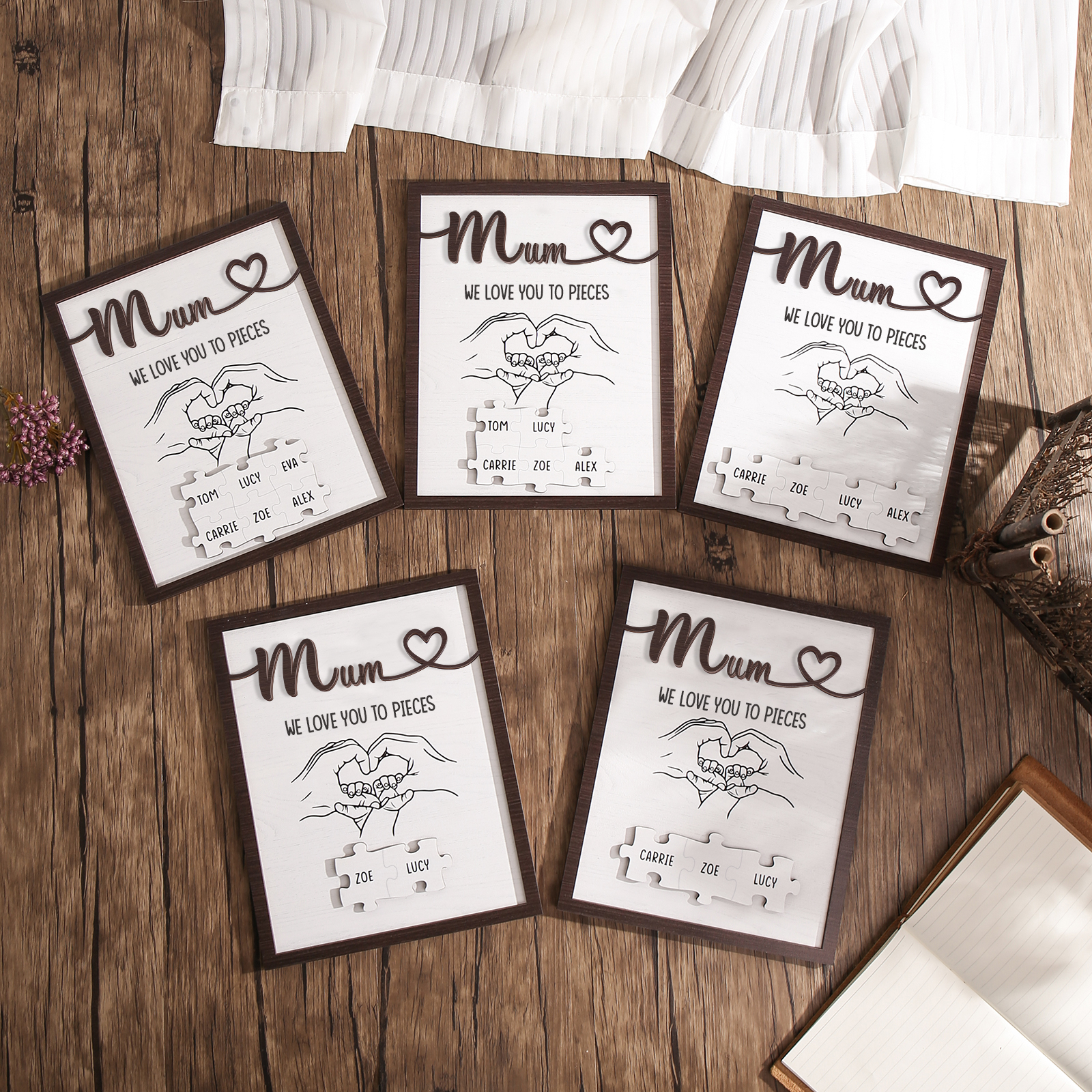Personalised Puzzle Pieces Wooden Plaque Custom 3 Names & Text & Salutation Holding Hands Family Wooden Sign With Stand Gifts for Mum-Jessemade AU
