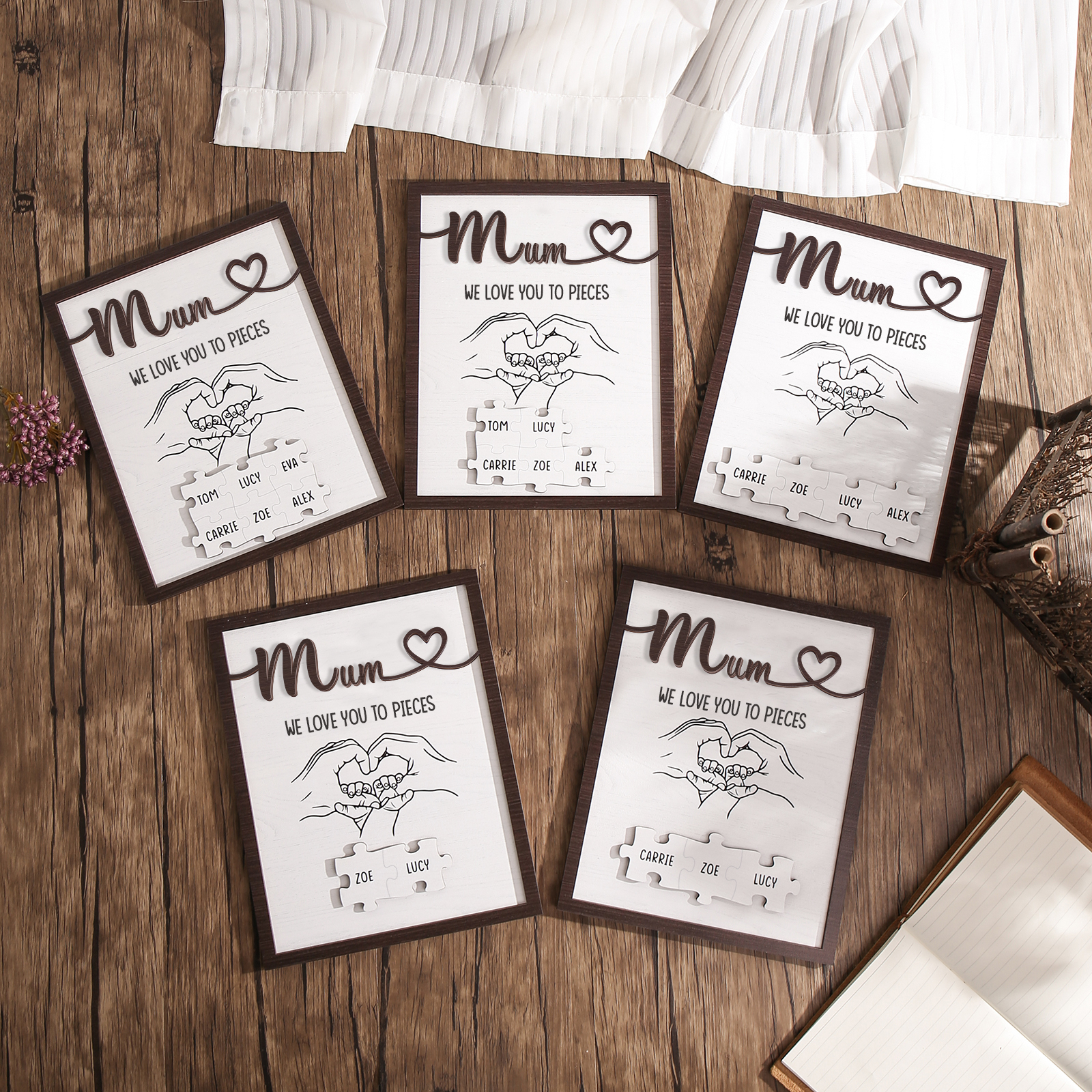 Personalised Puzzle Pieces Wooden Plaque Custom 3 Names & Text & Salutation Holding Hands Family Wooden Sign With Stand Gifts for Mum-Jessemade AU
