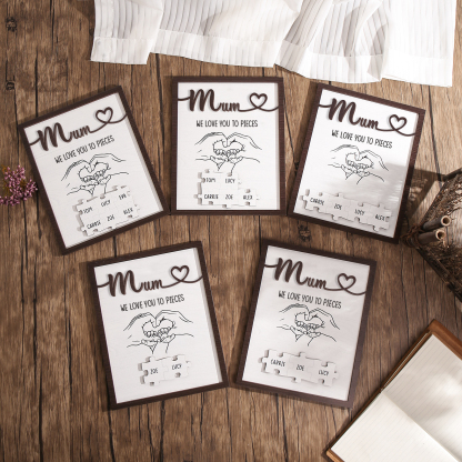 Personalised Puzzle Pieces Wooden Plaque Custom 3 Names & Text & Salutation Holding Hands Family Wooden Sign With Stand Gifts for Mum-Jessemade AU