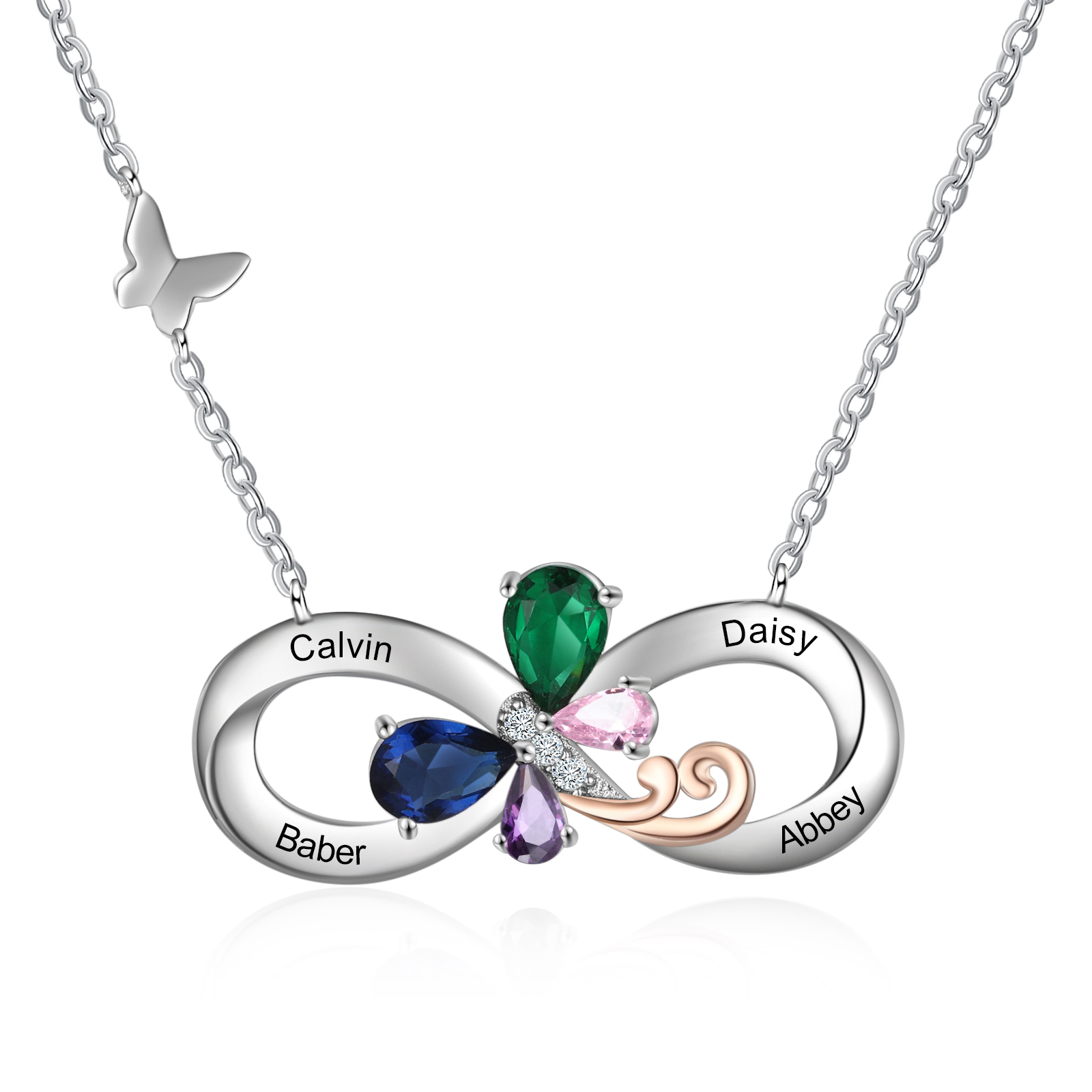 Personalised Infinity Butterfly Necklace With 4 Birthstones Engraved Names Gift For Women-Jessemade AU