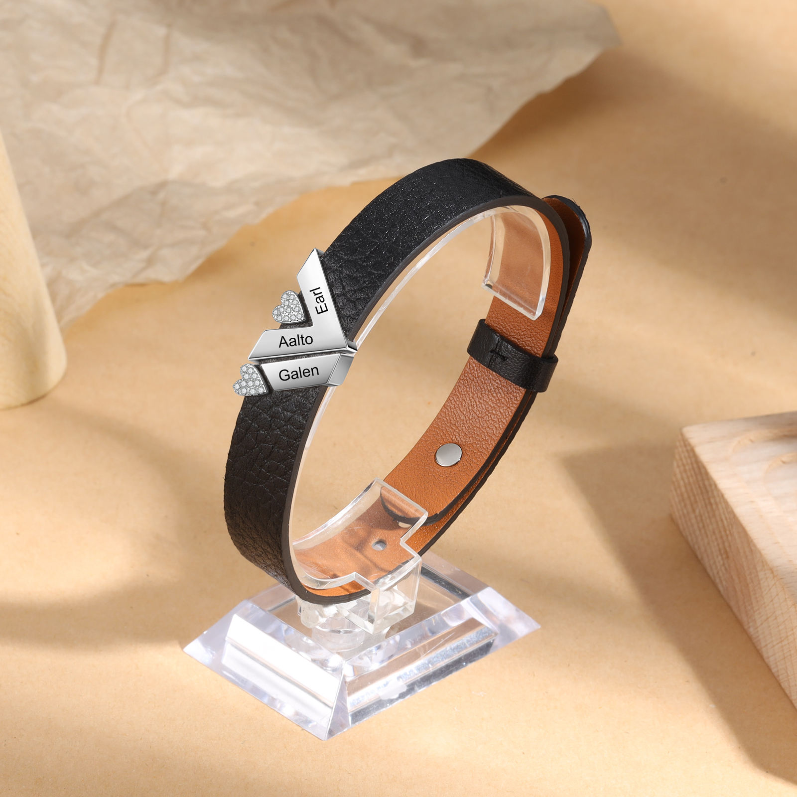 Personalised Leather Bracelet with Beads Engraved 3 Names Bangle for Him-Jessemade AU