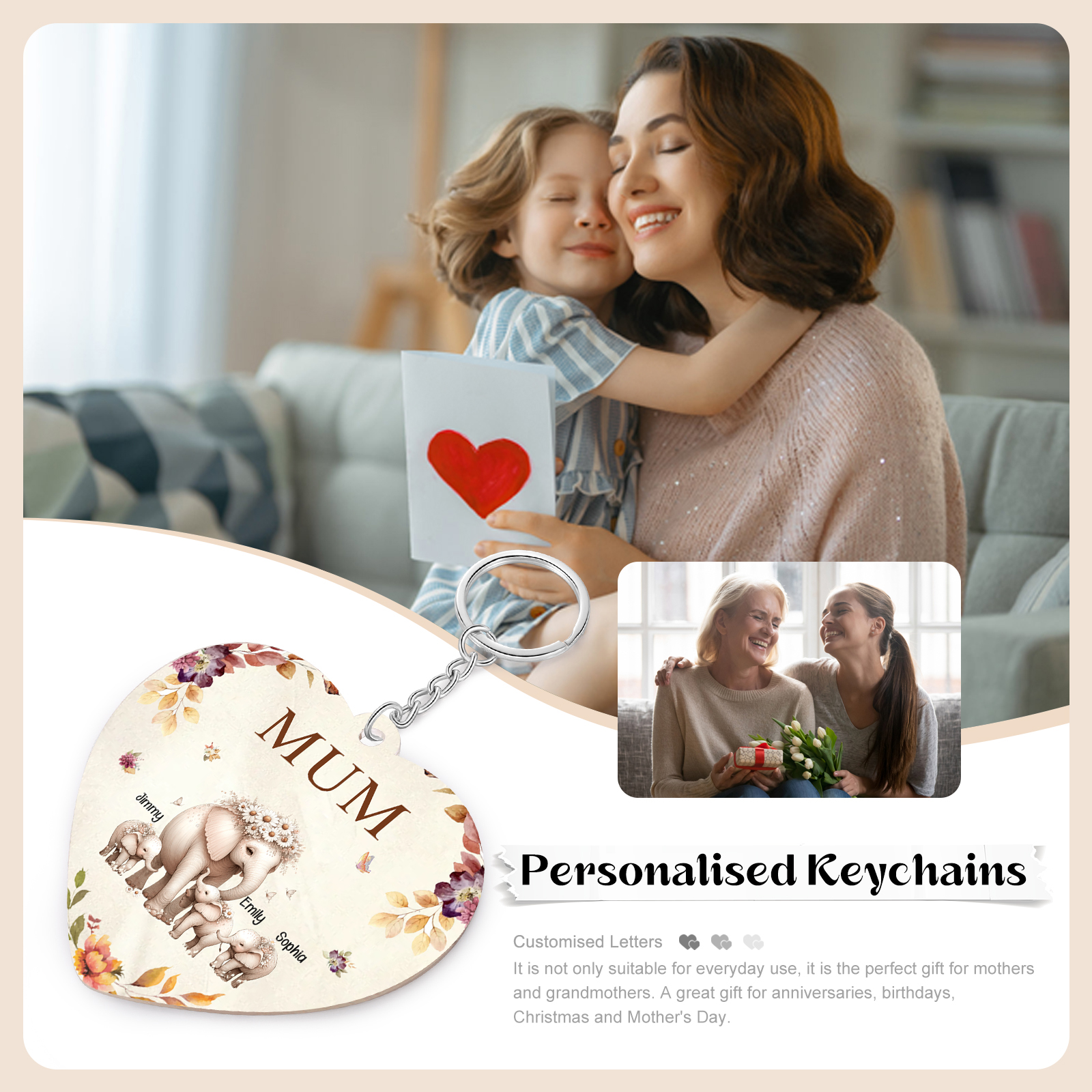 3 Names - Personalised Acrylic Keychain Custom 1 Text Elephant Family Hanging Ornaments Gift for Mum/Grandma-Jessemade AU