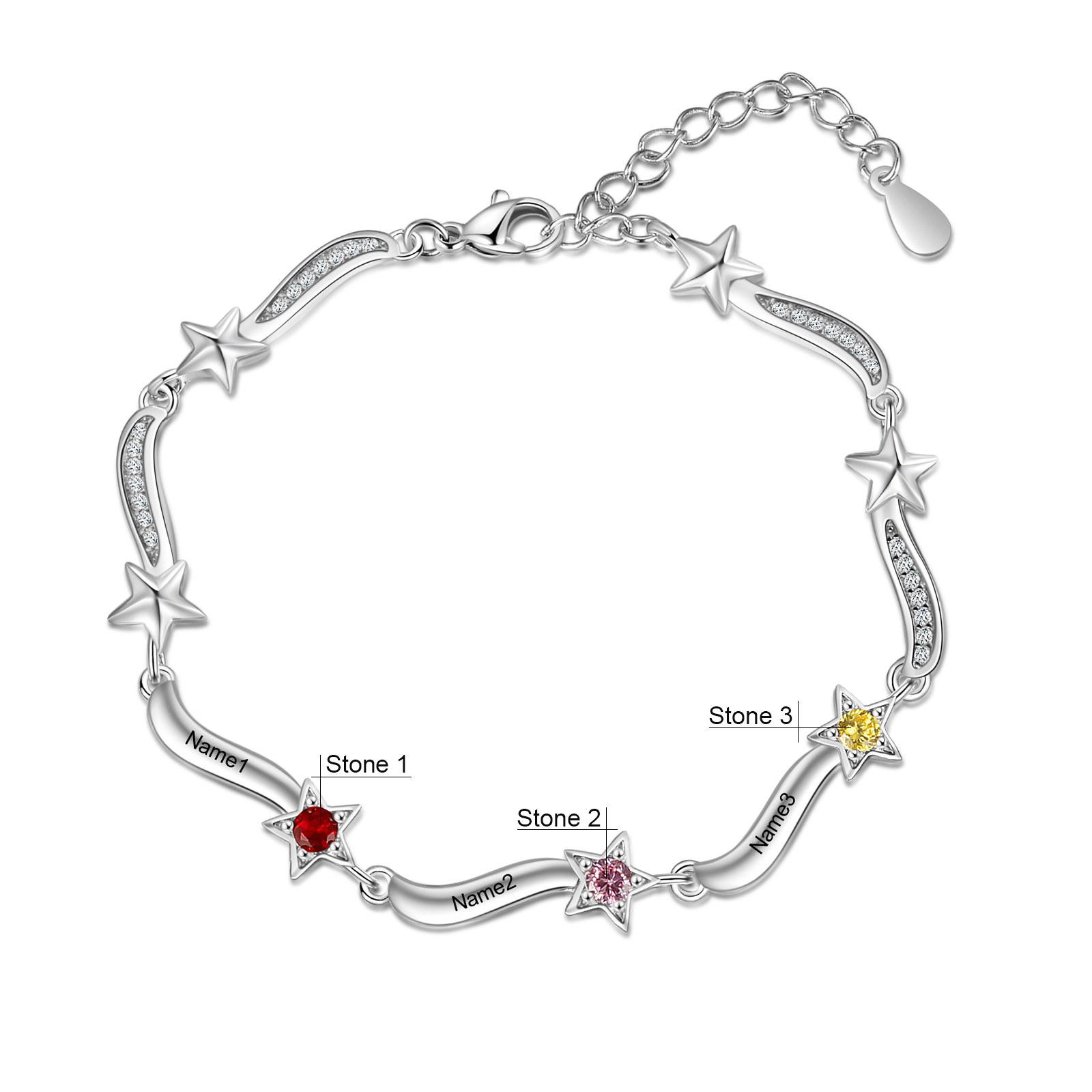 Personalised Star Bracelet With 3 Birthstones Custom Names Bracelet Gift For Women-Jessemade AU